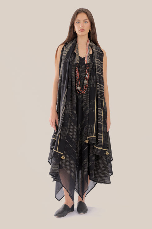 Printed cotton scarf with fabric tassels